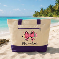 Personalized Teacher Tote Bag with Zipper, Custom Teacher Name Canvas Tote, Pink Pencil Bow, Classroom Supplies Bag, Back to School Gift