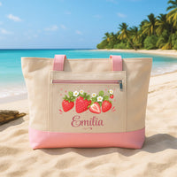 Personalized Strawberry Tote Bag with Zipper, Custom Name Canvas Tote, Strawberry Lover Canvas Bag, Cute Summer Birthday Gift for Her