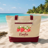 Personalized Strawberry Tote Bag with Zipper, Custom Name Canvas Tote, Strawberry Lover Canvas Bag, Cute Summer Birthday Gift for Her