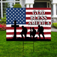 God Bless America Patriotic Yard Sign, Christian Military Outdoor Decor, Weatherproof Coroplast Sign, H-Stake Included, 4th of July Decor