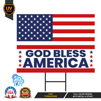 God Bless America Patriotic Yard Sign, Classic USA Flag Design, Metal H-Stake Included, 12x18 18x24 24x36, 4th of July Outdoor Party Sign