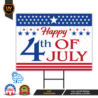 Happy 4th of July Yard Sign, Weatherproof Coroplast Sign, Metal H-Stake Included, Patriotic Stars USA Outdoor Decor, Holiday Yard Decor