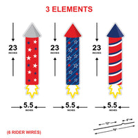 4th of July Firework Yard Sign Set, 3 Patriotic Rocket Decorations, Weatherproof Coroplast Sign, Stakes Included, Holiday Yard Decor