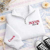 Personalized Cheer Embroidered Quarter Zip Sweatshirt, Custom Name Pullover, School Spirit Sweater, Team Cheer Outfit, Cheer Coach Gift