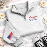 USA 250th Embroidered Quarter Zip Sweatshirt, Patriotic Flag Patch Pullover, 1776 2026 Fourth of July Outfit, Semiquincentennial Gift