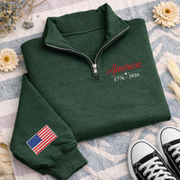 USA 250th Embroidered Quarter Zip Sweatshirt, Patriotic Flag Patch Pullover, 1776 2026 Fourth of July Outfit, Semiquincentennial Gift