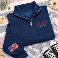 USA 250th Embroidered Quarter Zip Sweatshirt, Patriotic Flag Patch Pullover, 1776 2026 Fourth of July Outfit, Semiquincentennial Gift