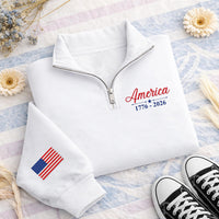 USA 250th Embroidered Quarter Zip Sweatshirt, Patriotic Flag Patch Pullover, 1776 2026 Fourth of July Outfit, Semiquincentennial Gift