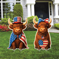 Patriotic Highland Cow Yard Sign, 4th of July American Lawn Decorations, Seasonal Outdoor Sign, Metal Stakes Included, Holiday Yard Decor