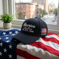 Personalized America 250 Embroidered Hat, Custom Name USA Flag Side Cap, Red White Blue Hat, Bio Washed Cotton Cap, 4th of July Gift