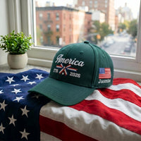 Personalized America 250 Embroidered Hat, Custom Name USA Flag Side Cap, Red White Blue Hat, Bio Washed Cotton Cap, 4th of July Gift