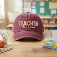 Personalized Teacher Embroidered Hat, Custom Name Rainbow Cap, School Day Cap, Back to School Gift for Staff, Teacher Appreciation Gift
