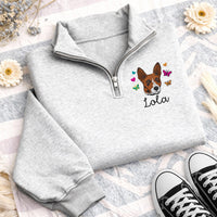 Personalized Pet Embroidered Quarter Zip Sweatshirt, Custom Dog Portrait Pullover, Dog Mom Cozy Layer, Animal Lover Gift, Memorial Gift