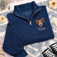 Personalized Pet Embroidered Quarter Zip Sweatshirt, Custom Dog Portrait Pullover, Dog Mom Cozy Layer, Animal Lover Gift, Memorial Gift
