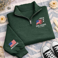 Personalized America 250 Embroidered Quarter Zip Sweatshirt, Custom State Sleeve Pullover, 250th Patriotic Layer, USA Gift, July 4 Gift