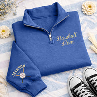 Personalized Baseball Embroidered Quarter Zip Sweatshirt, Custom Sleeve Pullover, Sporty Game Day Top, Team Mom Outfit, Baseball Fan Gift