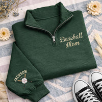 Personalized Baseball Embroidered Quarter Zip Sweatshirt, Custom Sleeve Pullover, Sporty Game Day Top, Team Mom Outfit, Baseball Fan Gift