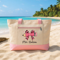 Personalized Teacher Tote Bag with Zipper, Custom Teacher Name Canvas Tote, Pink Pencil Bow, Classroom Supplies Bag, Back to School Gift