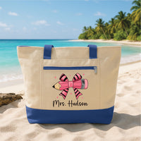 Personalized Teacher Tote Bag with Zipper, Custom Teacher Name Canvas Tote, Pink Pencil Bow, Classroom Supplies Bag, Back to School Gift