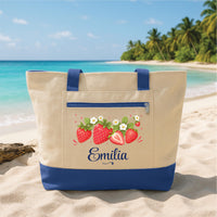 Personalized Strawberry Tote Bag with Zipper, Custom Name Canvas Tote, Strawberry Lover Canvas Bag, Cute Summer Birthday Gift for Her