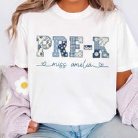 Personalized Pre-K Teacher Shirt, Custom Miss Name Tee, Blue Floral Patchwork Preschool Top, First Day School Outfit, Gift for Teacher