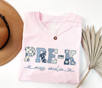 Personalized Pre-K Teacher Shirt, Custom Miss Name Tee, Blue Floral Patchwork Preschool Top, First Day School Outfit, Gift for Teacher