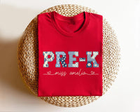 Personalized Pre-K Teacher Shirt, Custom Miss Name Tee, Blue Floral Patchwork Preschool Top, First Day School Outfit, Gift for Teacher