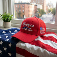 Personalized America 250 Embroidered Hat, Custom Name USA Flag Side Cap, Red White Blue Hat, Bio Washed Cotton Cap, 4th of July Gift