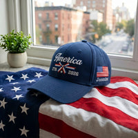 Personalized America 250 Embroidered Hat, Custom Name USA Flag Side Cap, Red White Blue Hat, Bio Washed Cotton Cap, 4th of July Gift