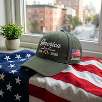 Personalized America 250 Embroidered Hat, Custom Name USA Flag Side Cap, Red White Blue Hat, Bio Washed Cotton Cap, 4th of July Gift