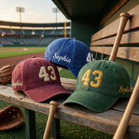Personalized Number Embroidered Baseball Cap, Custom Name and Side Text, Vintage Game Day Dad Hat, Baseball Player Gift, Team Gift