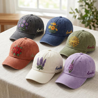 Personalized Birth Flower Embroidered Hat, Custom Name Floral Cap, Low Profile Dad Hat, Birthday Month Gift for Her, Personalized Gift