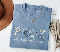 Personalized Pre-K Teacher Shirt, Custom Miss Name Tee, Blue Floral Patchwork Preschool Top, First Day School Outfit, Gift for Teacher