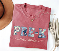 Personalized Pre-K Teacher Shirt, Custom Miss Name Tee, Blue Floral Patchwork Preschool Top, First Day School Outfit, Gift for Teacher
