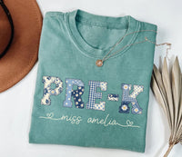 Personalized Pre-K Teacher Shirt, Custom Miss Name Tee, Blue Floral Patchwork Preschool Top, First Day School Outfit, Gift for Teacher