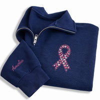 Personalized Breast Cancer Embroidered Quarter Zip Sweatshirt, Pink Ribbon Pullover, Awareness Outfit, Name Sleeve, Survivor Gift for Her