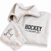 Personalized Hockey Mom Embroidered Quarter Zip Sweatshirt, Custom Sleeve Name Pullover, Sporty Mom Layer, Game Day Outfit, Hockey Gift