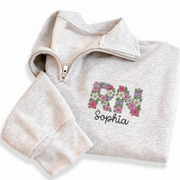 Personalized RN Embroidered Quarter Zip Sweatshirt, Custom Nurse Name Pullover, Floral Scrub Layer Top, New RN Gift, Nurses Week Gift