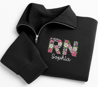 Personalized RN Embroidered Quarter Zip Sweatshirt, Custom Nurse Name Pullover, Floral Scrub Layer Top, New RN Gift, Nurses Week Gift