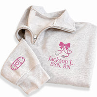 Personalized Nurse Embroidered Quarter Zip Sweatshirt, Custom RN Name Pullover, Scrub Layering Top, Hospital Shift Outfit, Gift for RN