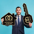 2 Pack Personalized Real Estate Marketing Closing Signs, Customized Realtor Social Media Photo Props, Realtor Key, Custom House Shaped Sign