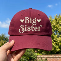 Big Sister Embroidered Hat with Red Hearts, Sibling Announcement Gift, Low Profile Dad Hat, Cute New Baby Reveal Outfit, Gift for Her