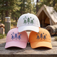 Forest Camping Embroidered Hat, Moon And Pine Tree Design For Hikers, Adjustable Cotton Cap, outdoor lover camp gift, Everyday Cap Gift