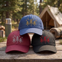 Forest Camping Embroidered Hat, Moon And Pine Tree Design For Hikers, Adjustable Cotton Cap, outdoor lover camp gift, Everyday Cap Gift