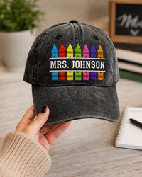 Personalized Teacher Embroidered Hat, Custom Mrs Name Crayon Design, Back to School Cap, Classroom Gift, Teacher Appreciation Gift for Her