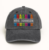 Personalized Teacher Embroidered Hat, Custom Mrs Name Crayon Design, Back to School Cap, Classroom Gift, Teacher Appreciation Gift for Her