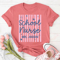 Personalized School Nurse Shirt, Custom Staff Name Tee, Cute Striped Star Tee Graphic, Back to School Outfit, Healthcare Worker Gift
