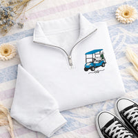 Personalized Golf Cart Embroidered Quarter Zip Sweatshirt, Custom Golfer Pullover, Country Club Layer, Golf Day Outfit, Golf Lover Gift