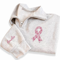 Personalized Breast Cancer Embroidered Quarter Zip Sweatshirt, Pink Ribbon Pullover, Awareness Outfit, Name Sleeve, Survivor Gift for Her
