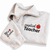 Personalized English Teacher Embroidered Quarter Zip Sweatshirt, Custom Name Sleeve, Classroom Pullover Sweater, Back to Shcool Gift
